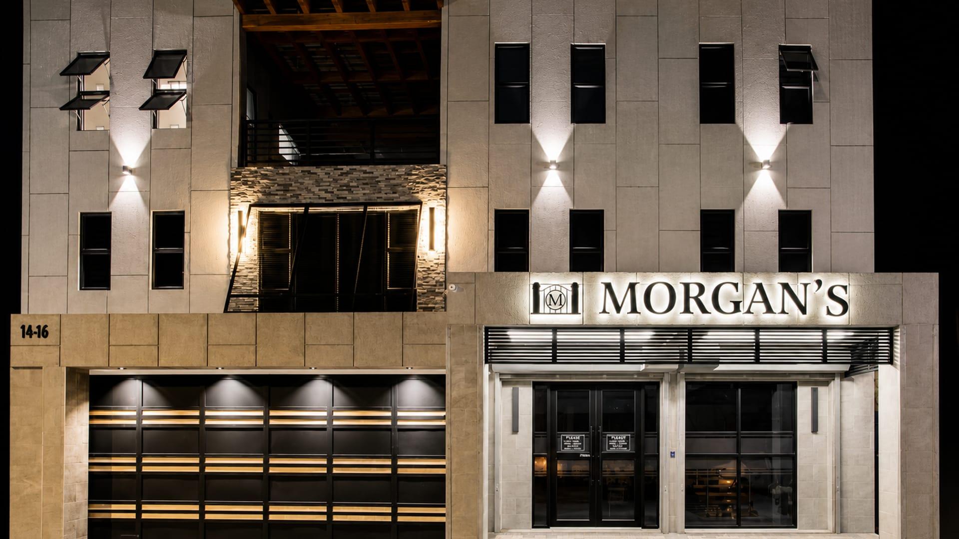 Morgan's Funeral Home building lit at night